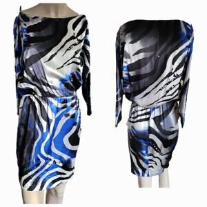 Vtg Cache Glossy Silk Abstract Zebra Mini Dress Boat Neck Dolman Sleeve Baddie S
